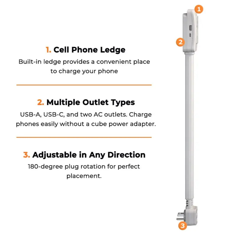 🔌 Adjustable Wall Outlet Extender Stick – 22"-34" Rotating Plug Extension with USB-A, USB-C & 2 AC Outlets for Hard-to-Reach Power Sockets Behind Sofa, Bed & Desk ⚡