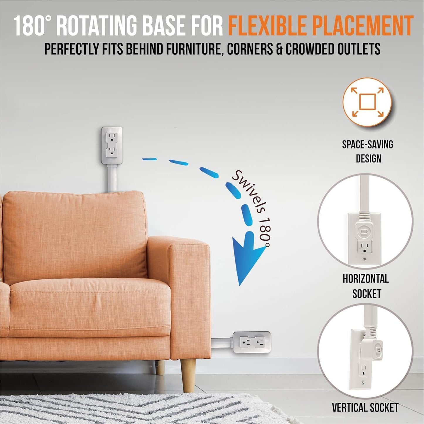 🔌 Adjustable Wall Outlet Extender Stick – 22"-34" Rotating Plug Extension with USB-A, USB-C & 2 AC Outlets for Hard-to-Reach Power Sockets Behind Sofa, Bed & Desk ⚡